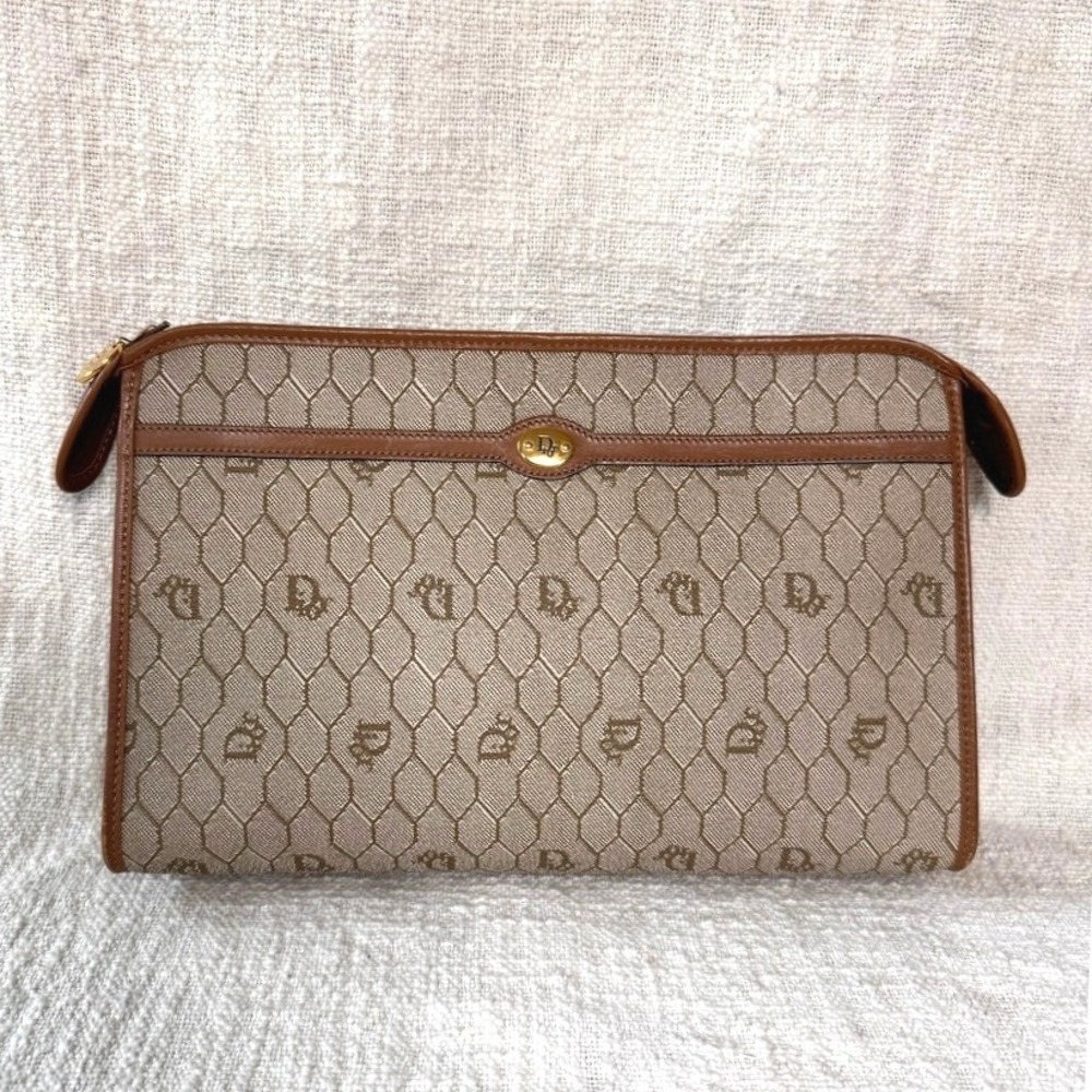 Vintage Dior Honeycomb Canvas Large Clutch Tan Brown CD Logo Zip Pouch Bag